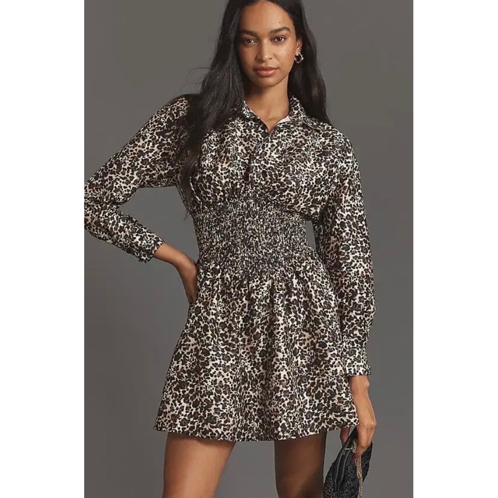 Hutch Leopard Print Smocked Waist Long Sleeve Mini Shirt Dress XL Animal Print